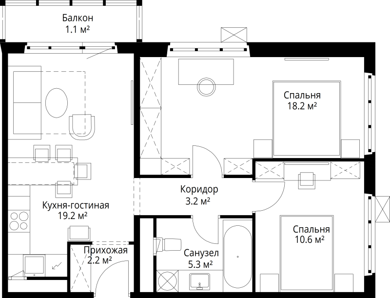 3 ккв (Евро) 59,8 м²