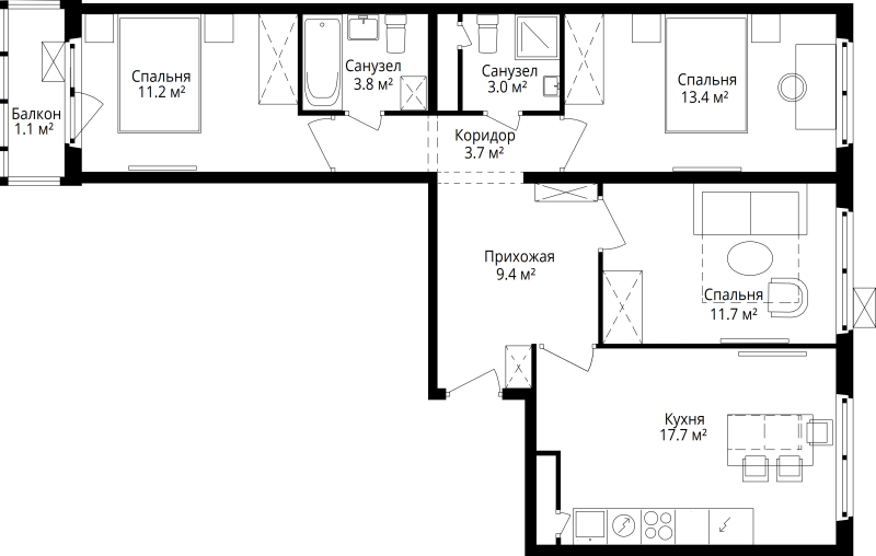 4 ккв (Евро) 75 м²