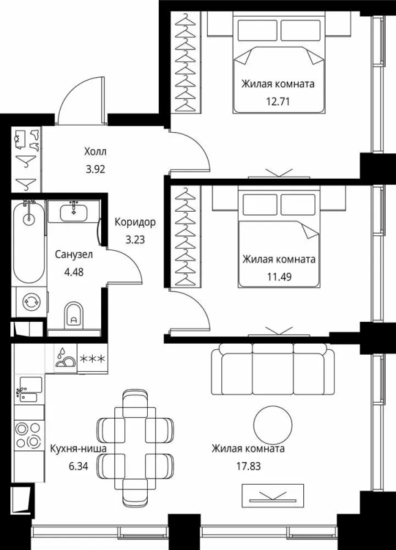 3 ккв (Евро) 60 м²