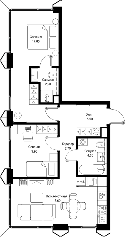 3 ккв (Евро) 61,9 м²