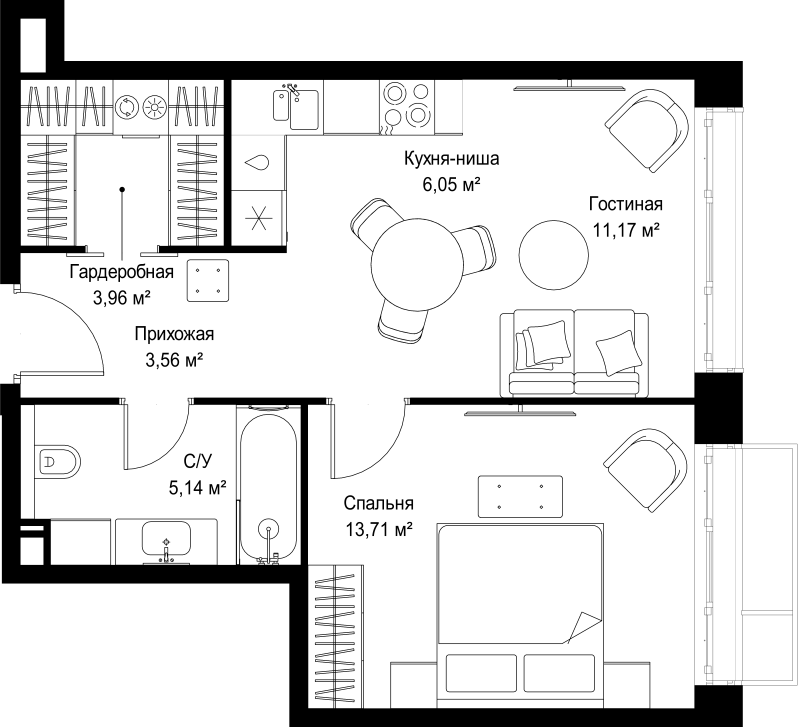 2 ккв (Евро) 43,6 м²