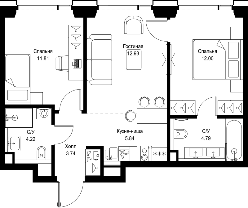 3 ккв (Евро) 55,3 м²