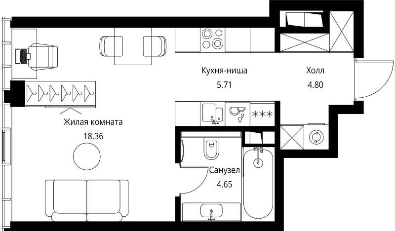 Студия 33,5 м²