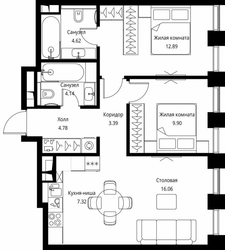 3 ккв (Евро) 63,1 м²