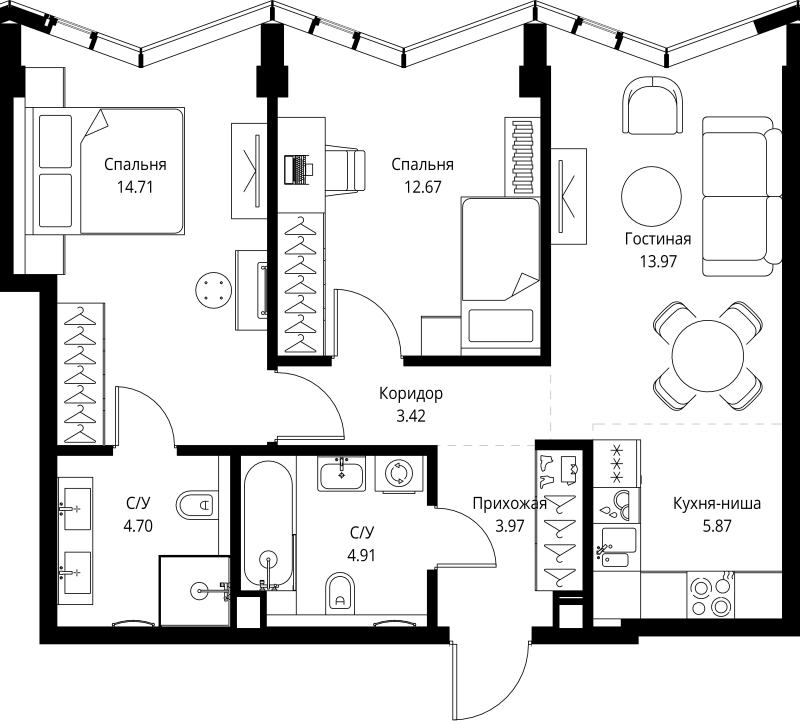 3 ккв (Евро) 64,2 м²