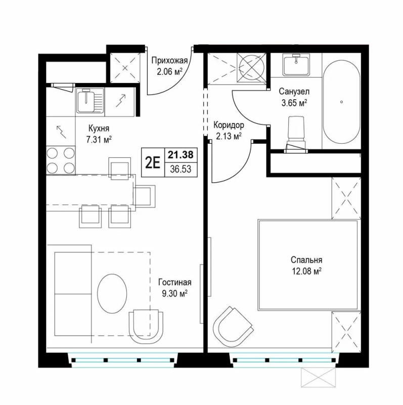 2 ккв (Евро) 36,4 м²