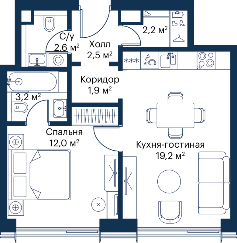 2 ккв (Евро) 43,6 м²
