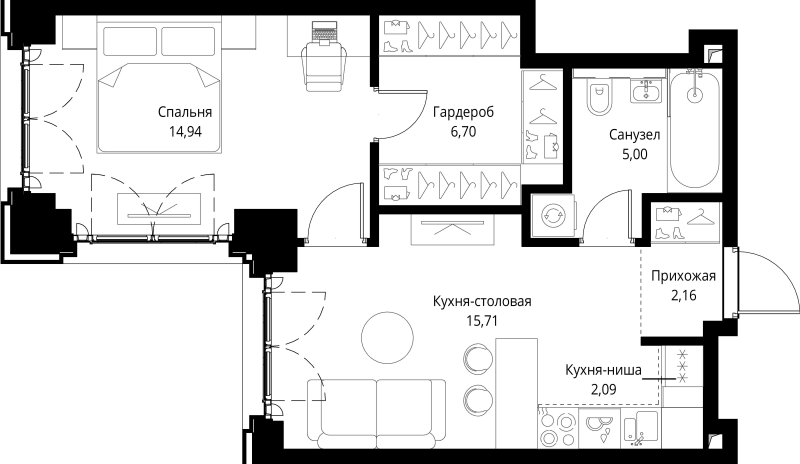 2 ккв (Евро) 46,6 м²