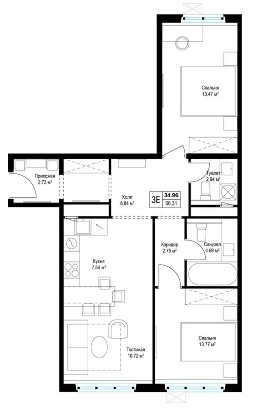 3 ккв (Евро) 66,3 м²
