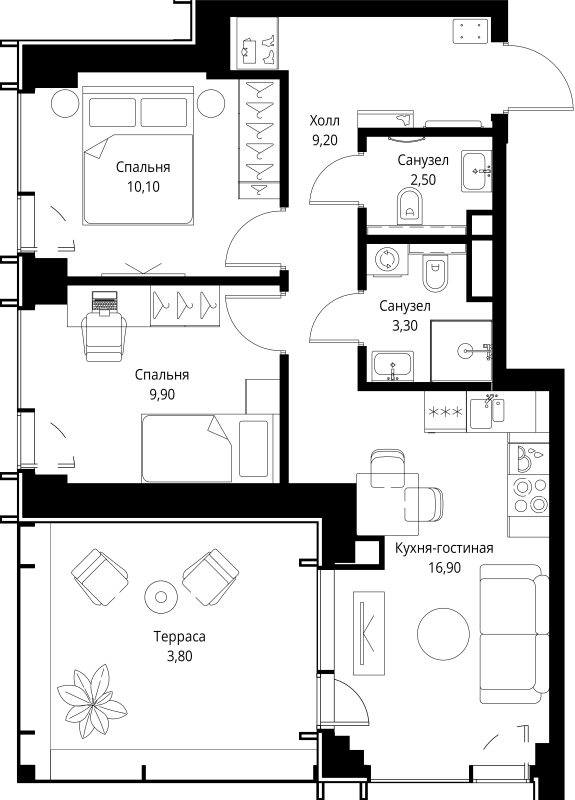 3 ккв (Евро) 57 м²