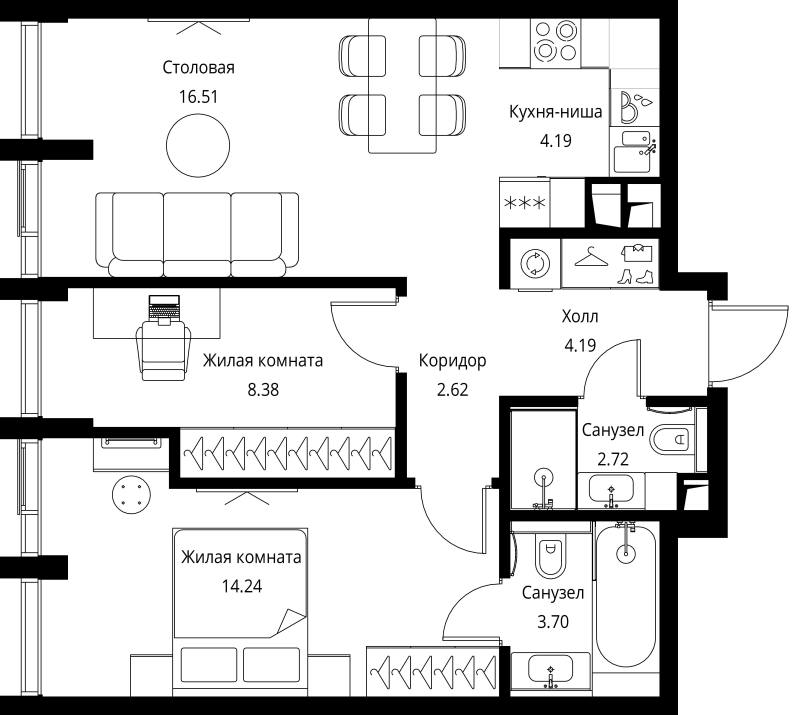 3 ккв (Евро) 56,6 м²