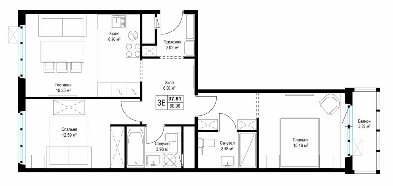 3 ккв (Евро) 61,9 м²