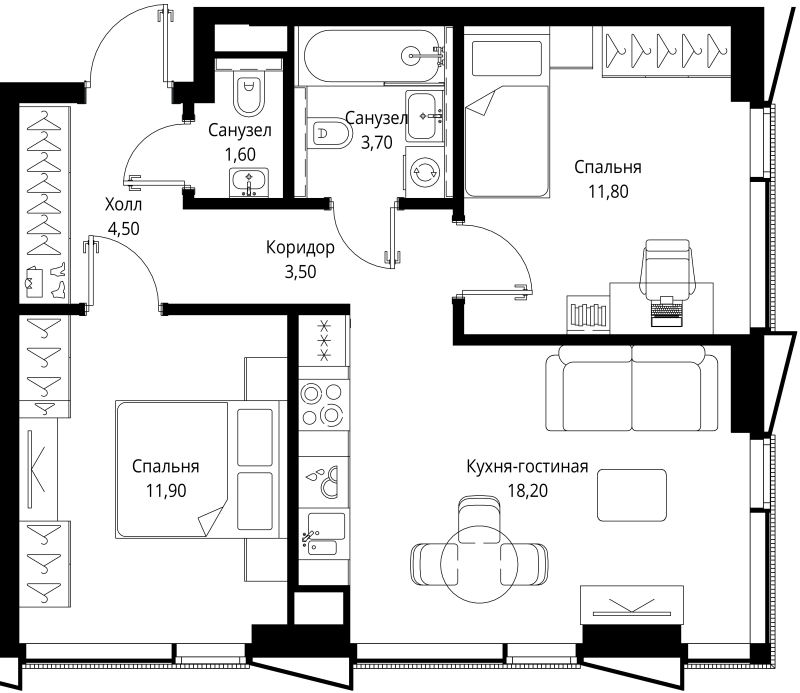 3 ккв (Евро) 55,2 м²