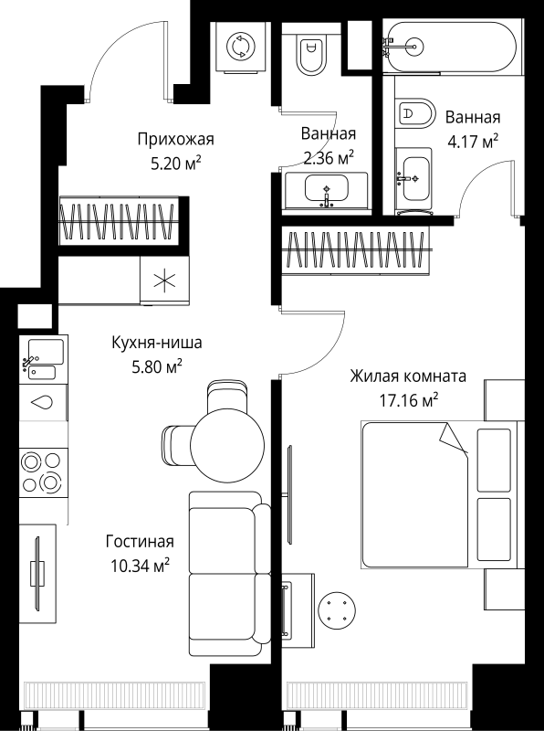 2 ккв (Евро) 45 м²