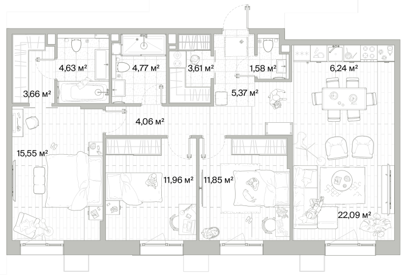 4 ккв (Евро) 95,4 м²