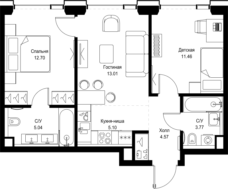 3 ккв (Евро) 55,7 м²