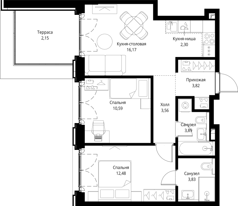 3 ккв (Евро) 58,8 м²