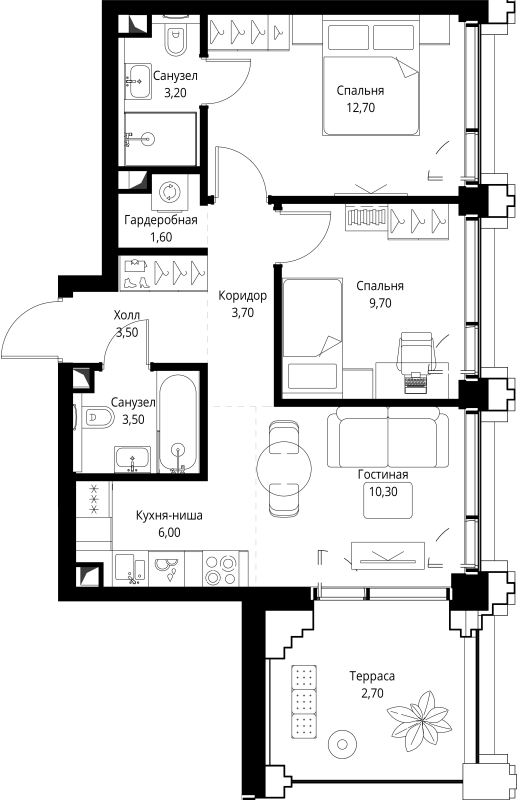 3 ккв (Евро) 57,4 м²