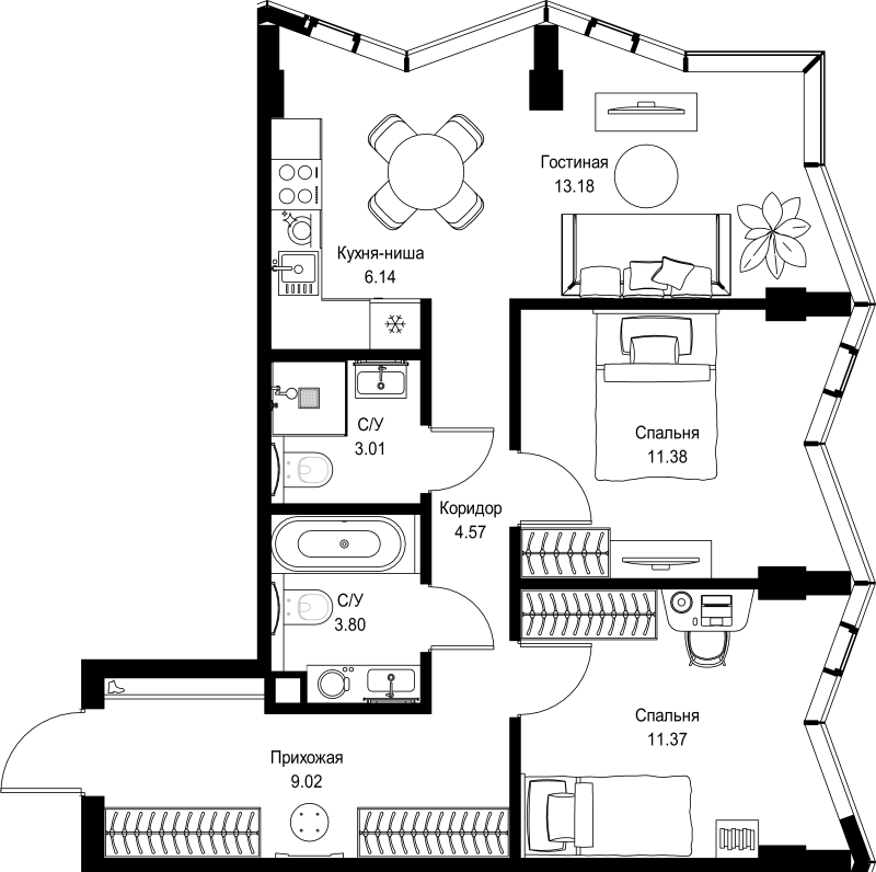 3 ккв (Евро) 62,5 м²