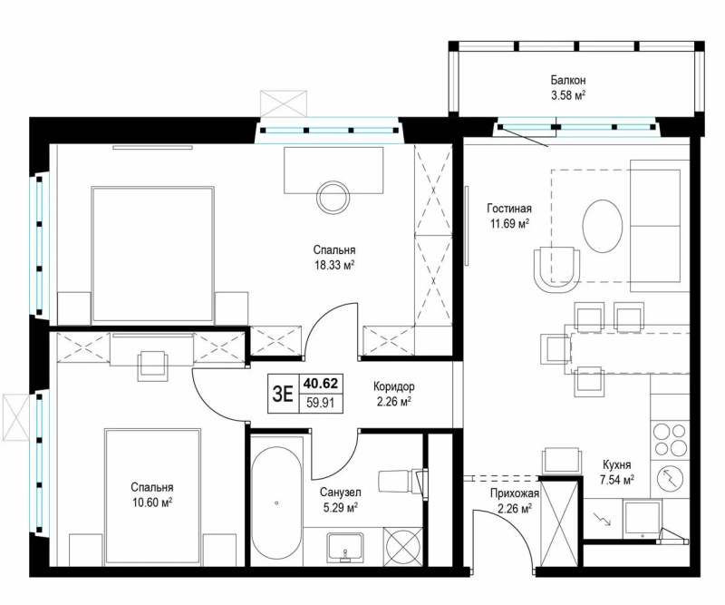 3 ккв (Евро) 60 м²