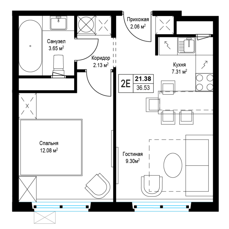 2 ккв (Евро) 36,3 м²