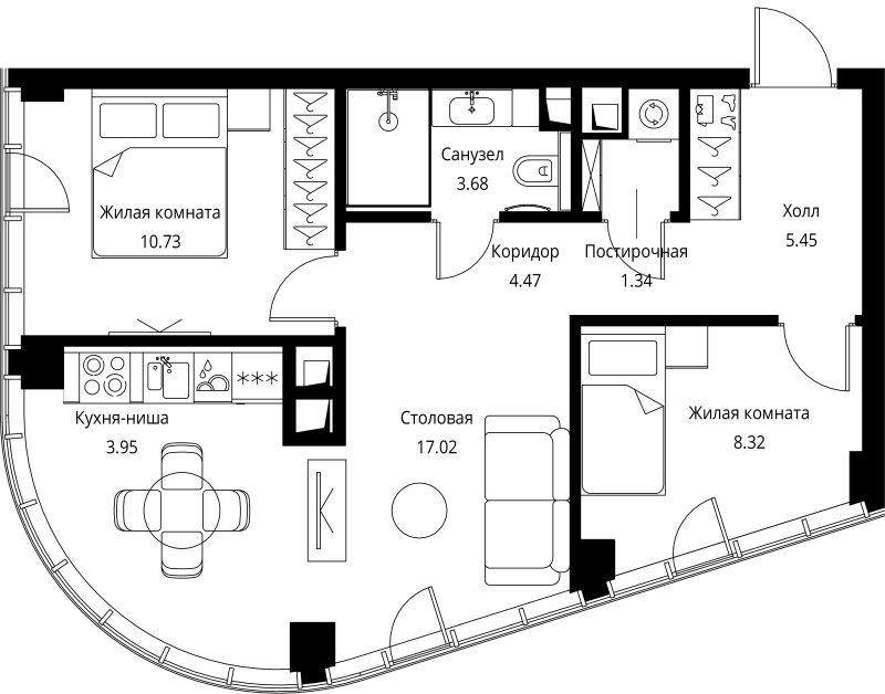 3 ккв (Евро) 55 м²