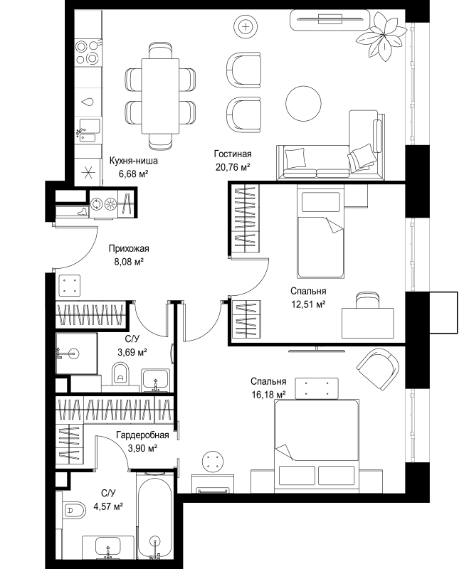 3 ккв (Евро) 76,4 м²
