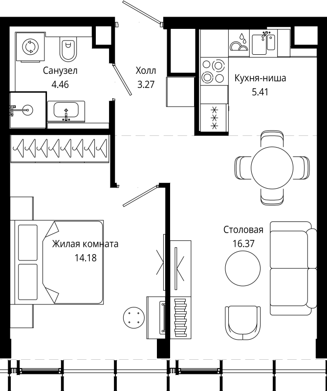 2 ккв (Евро) 44,1 м²