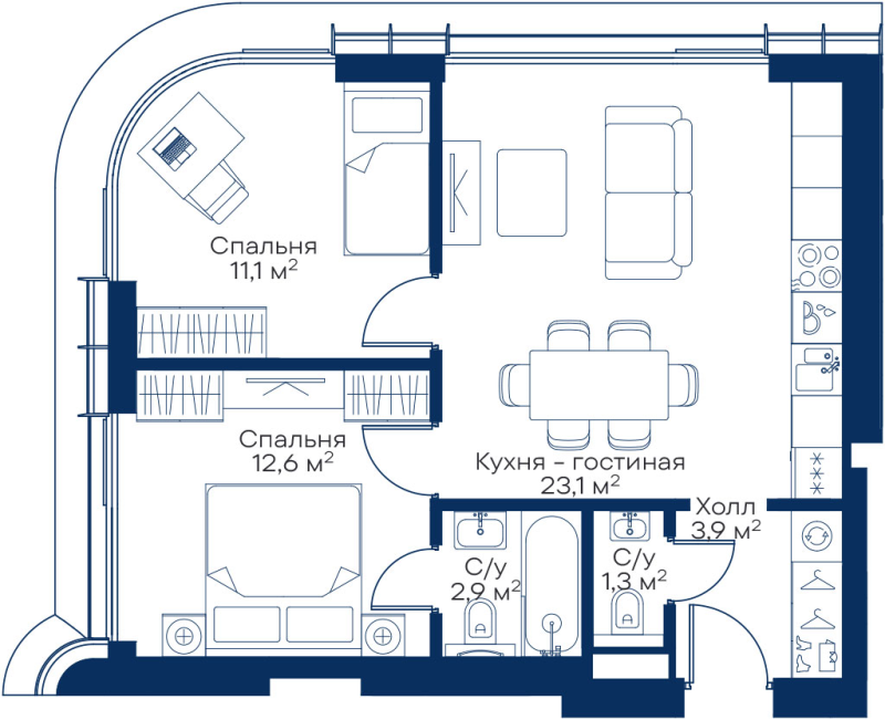 3 ккв (Евро) 53,6 м²