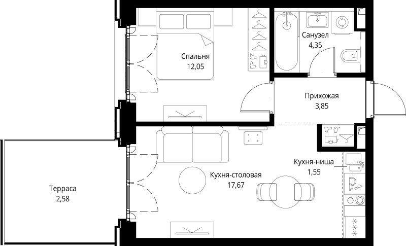 2 ккв (Евро) 42,1 м²
