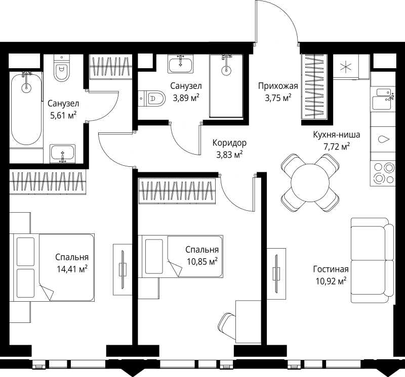 3 ккв (Евро) 61 м²