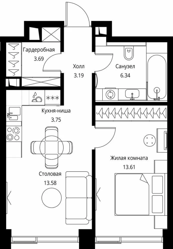 2 ккв (Евро) 44,2 м²