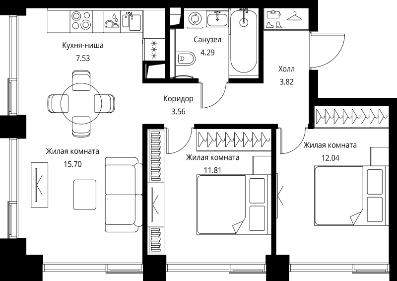 3 ккв (Евро) 58,8 м²