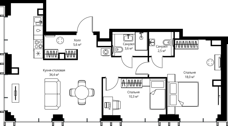 3 ккв (Евро) 74,4 м²