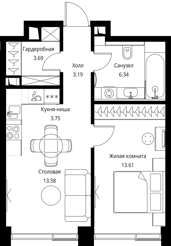 2 ккв (Евро) 44,2 м²
