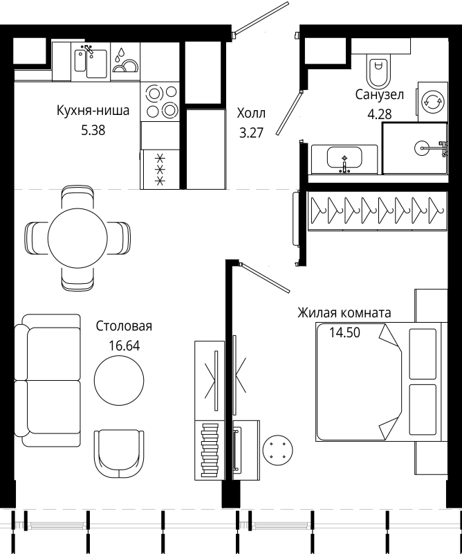 2 ккв (Евро) 44,1 м²