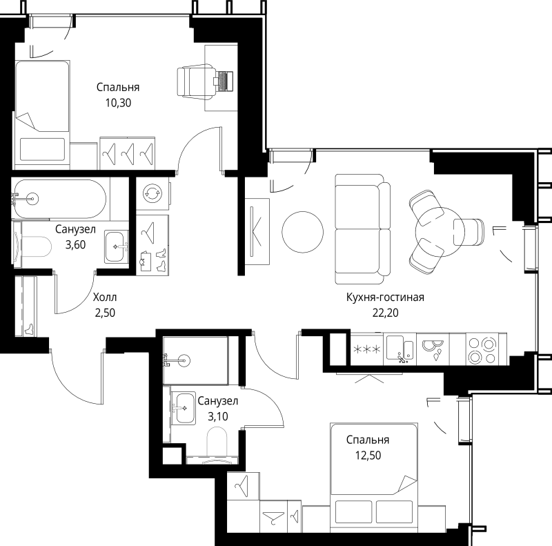 3 ккв (Евро) 55,3 м²