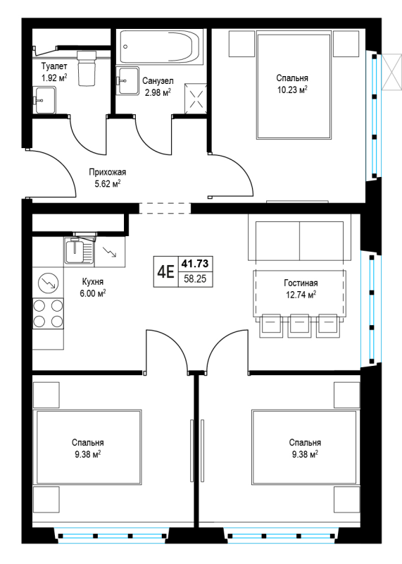 4 ккв (Евро) 58,2 м²