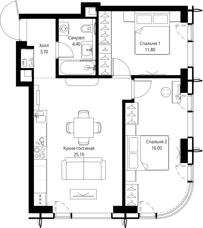 3 ккв (Евро) 61 м²
