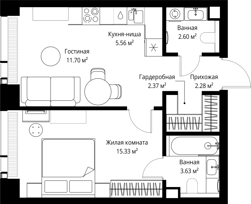 2 ккв (Евро) 43,5 м²