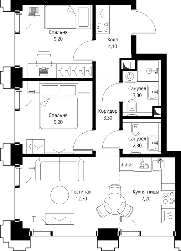 3 ккв (Евро) 51,8 м²