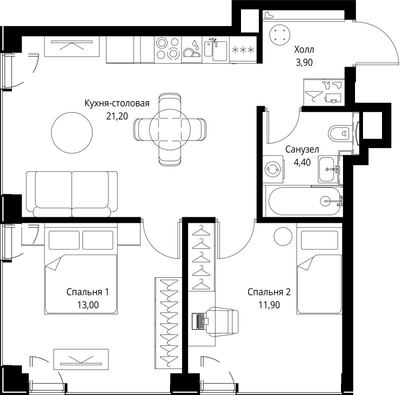 3 ккв (Евро) 54,4 м²