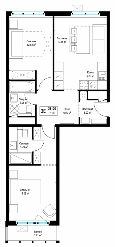 3 ккв (Евро) 62,2 м²