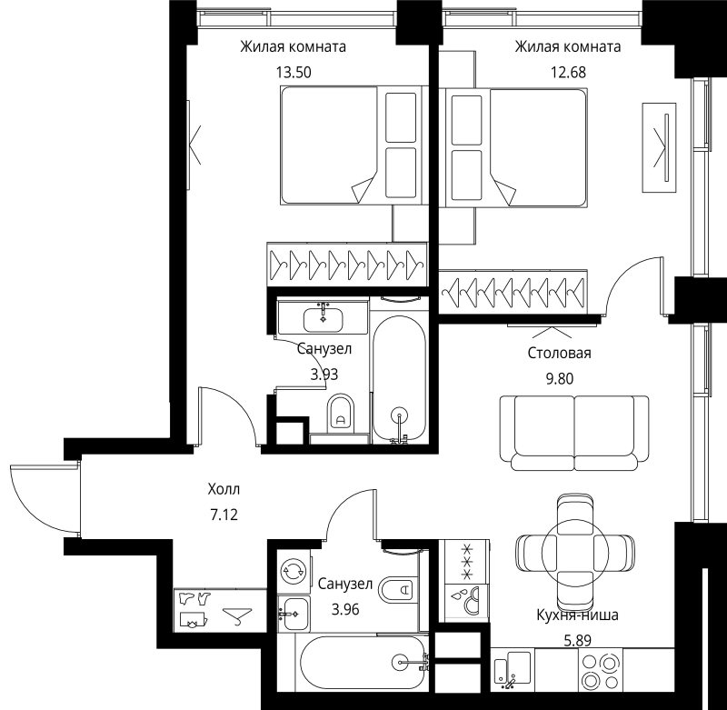 3 ккв (Евро) 56,9 м²
