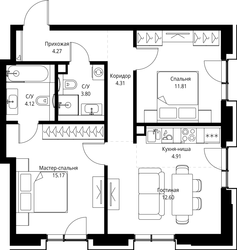 3 ккв (Евро) 61 м²
