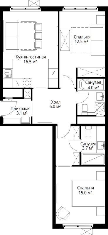 3 ккв (Евро) 60,8 м²