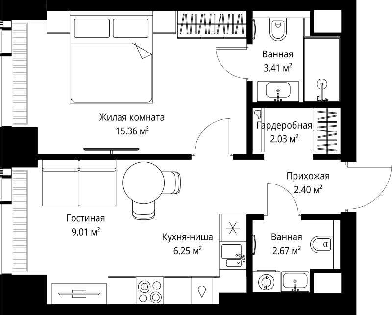 2 ккв (Евро) 41,1 м²