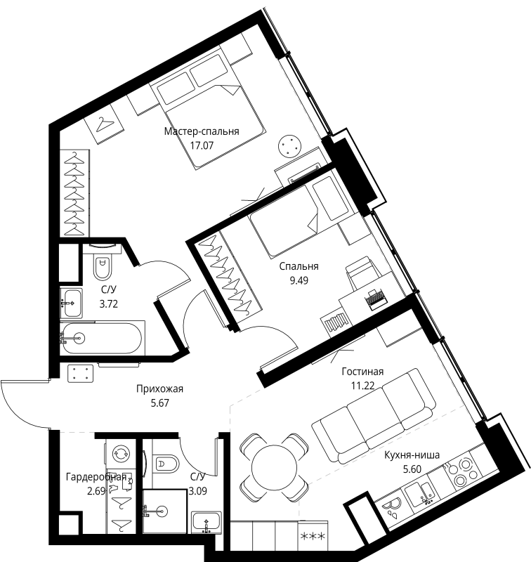 3 ккв (Евро) 58,6 м²