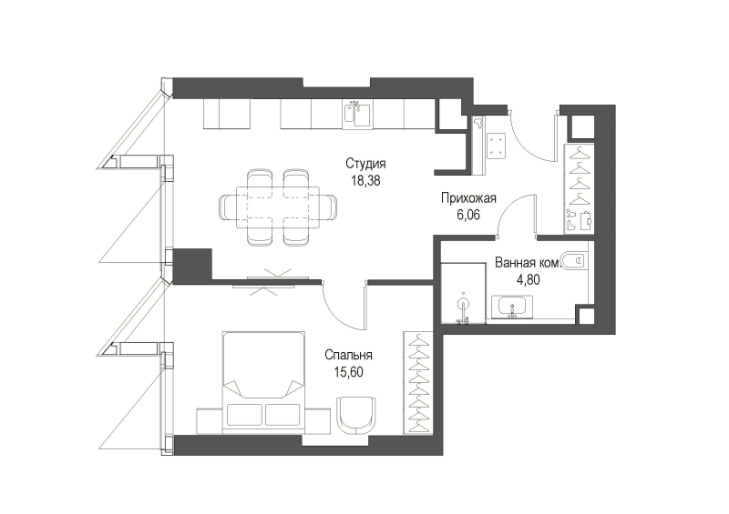 2 ккв (Евро) 44,6 м²