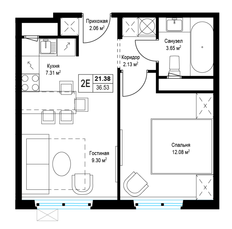 2 ккв (Евро) 36,4 м²